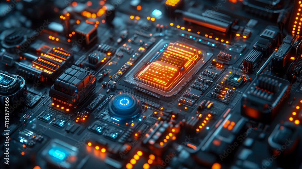 Poster a circuit board shines with orange and blue lights, showcasing its intricate design and advanced ele