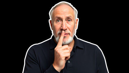 Mature man putting finger in nose against black background isolated with white highlights, png