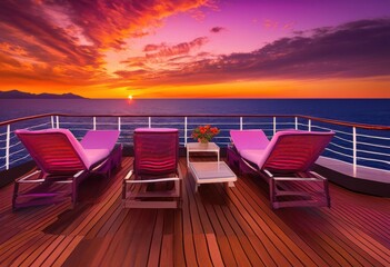 Obraz premium vibrant sunset displaying bright hues over calm cruise ship deck surrounded gentle waves reflective water, horizon, colors, sea, reflection, sky, landscape