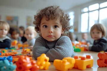 Fototapeta premium Children engaged in playtime with colorful building blocks in a bright classroom setting