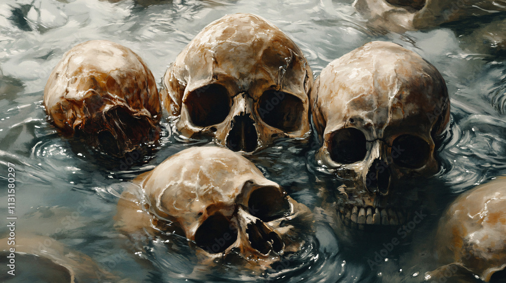 Poster a collection of skulls submerged in water, with ripples distorting their shapes, evoking feelings of