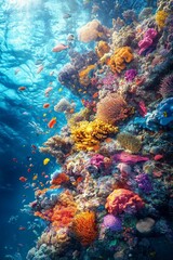 Fototapeta premium Vibrant coral reef teeming with colorful fish.