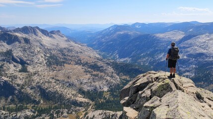 Fototapeta premium Hiker on mountain peak overlooking vast valley and mountain range.