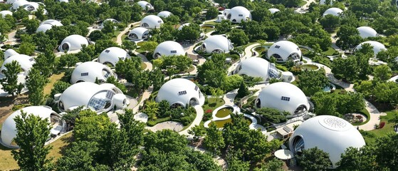 Aerial View of Eco-Village with Futuristic Geodesic Domes and Solar Panels Amidst Lush Greenery  