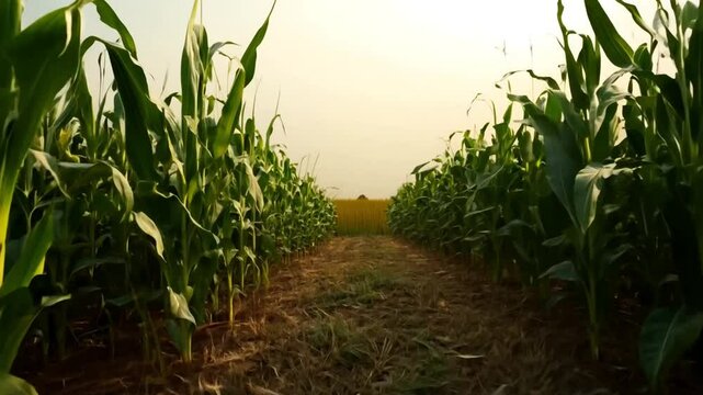 First-person view walking through a cornfield path at sunset