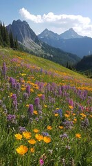 Fototapeta premium Vibrant wildflower field near mountains during sunny daytime in spring