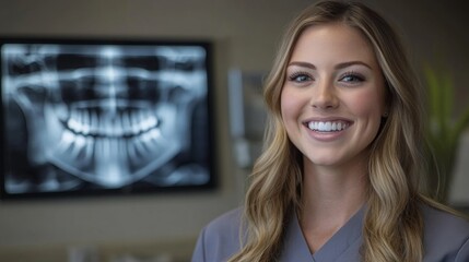 Fototapeta premium A dental professional smiles warmly in a modern office while showcasing advanced digital technology.