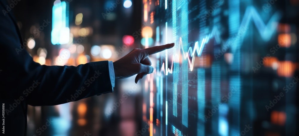 Aufkleber A skilled professional in a sharp suit analyzes complex digital financial graphs on a modern screen, focusing on goal setting and strategic planning for selfimprovement and growth