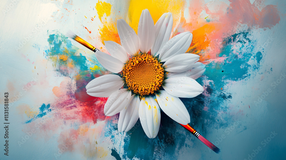 Poster a daisy with colorful abstract art patterns and paintbrushes emerging from its center, symbolizing t