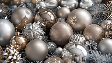 Christmas background with silver and gold balls on white background. Light Christmas texture