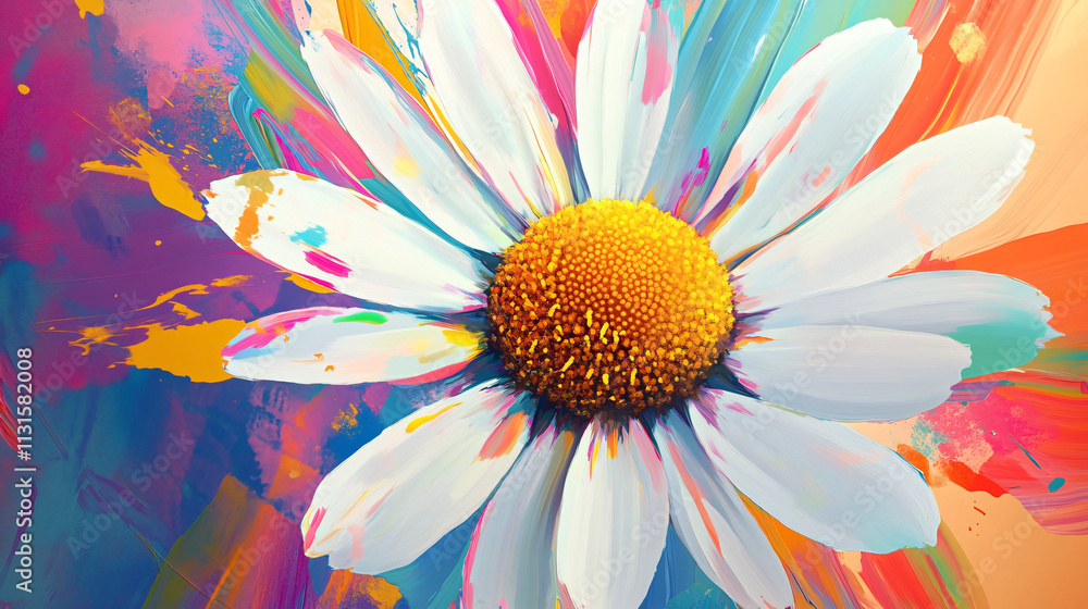 Poster a daisy with colorful abstract art patterns and paintbrushes emerging from its center, symbolizing t