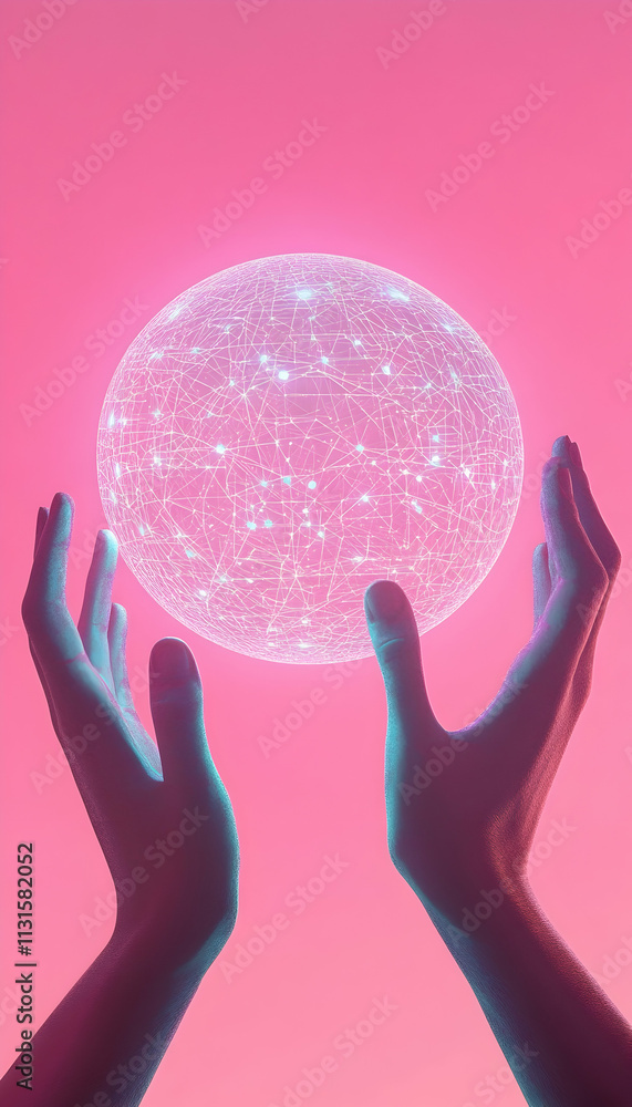 Poster two hands reaching towards a glowing digital sphere with abstract patterns on a pink background -