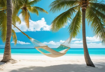 Fototapeta premium serene tropical beach scene featuring cozy hammock nestled palm trees stunning ocean view background, sky, clouds, sand, water, sunset, coastal, shore