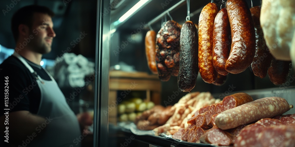 Poster a skilled butcher stands proudly in front of a display of sausages and meats. this image captures th