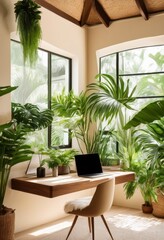 Fototapeta premium serene laptop workspace surrounded lush greenery soft textures relaxing deep focus environment, nature, foliage, forest, screen, desk, setup, background
