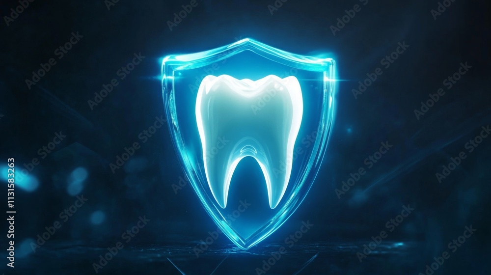 Poster a futuristic representation of dental protection featuring a glowing tooth encased in a shield. this