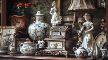 Obraz premium Antique figurines, ornate music box, porcelain tea set.