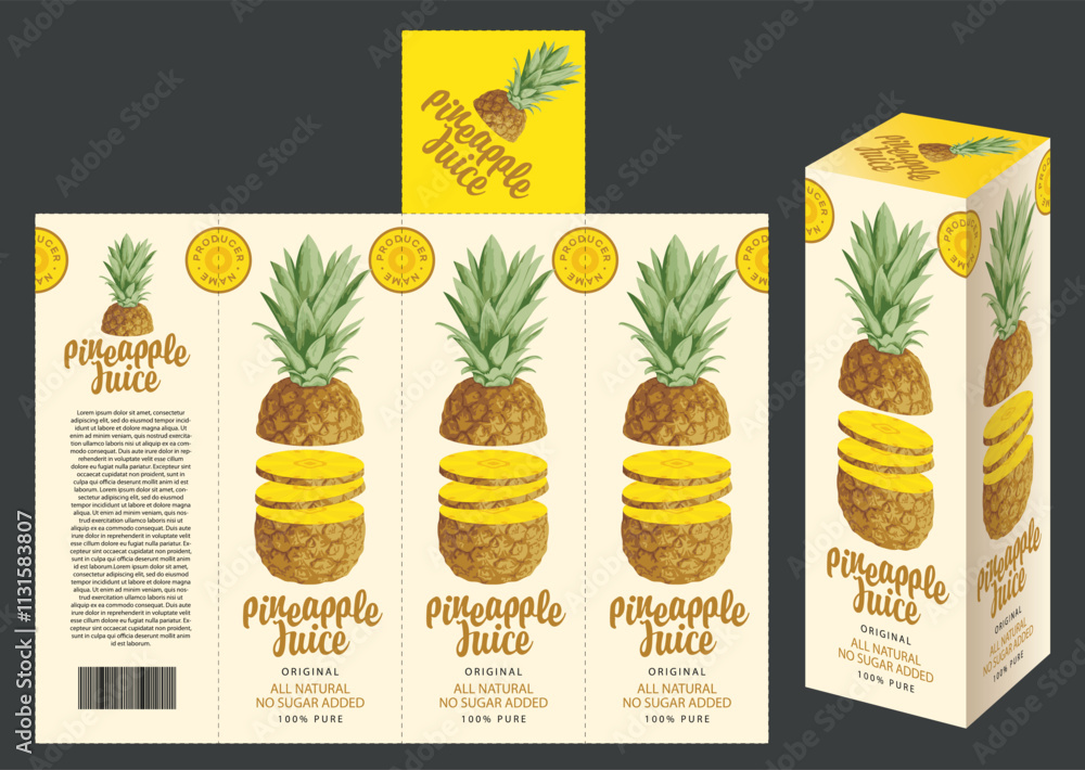 Aufkleber vector mockup template of cardboard packaging box for pineapple juice with realistic pattern of pine