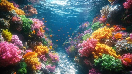 Obraz premium Vibrant coral reef, colorful fish, underwater scene.