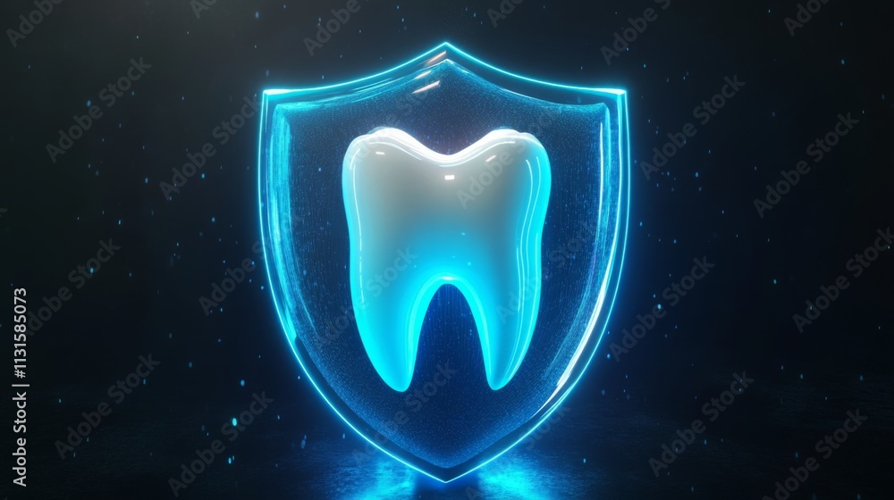 Poster a glowing shield with a tooth design signifies dental protection through advanced technology. the ba
