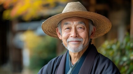 Fototapeta premium Elderly Japanese man with a traditional hat and a kind expression.