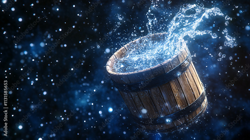 Poster a floating wooden bucket in space, with a stream of water overflowing and transforming into shimmeri
