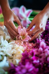 Fototapeta premium Flower arranging with vibrant blooms in a colorful display during a creative workshop