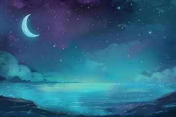 Fototapeta premium Nighttime Seascape with a Crescent Moon and Stars