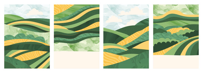 Abstract green background with rice, wheat, tea, corn field, sustainable agriculture design. Vector illustration with geometric pattern, nature texture, eco-friendly. Vintage, modern, Japanese covers