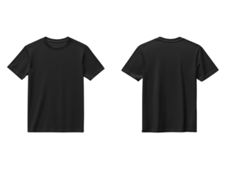 Blank black shirt, front and back view, isolated on transparent background.