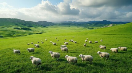 Fototapeta premium Green pasture with grazing sheep