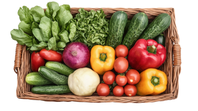 Fresh vegetables arranged in a wicker basket, including bell peppers, tomatoes, cucumbers, and lettuceisolated on transparent background cutout