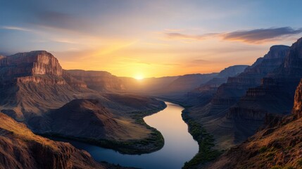 Fototapeta premium Breathtaking Sunset Over Majestic Canyon Landscape with River Winding Through Grand Valley