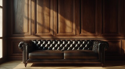 Chic and modern living room with wooden wall panels and a dark leather sofa, mock-up style, creating a sophisticated and spacious look in the 3D rendering