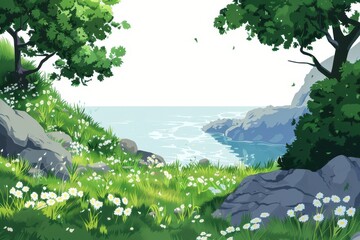 Lush Greenery and Daisies Bordering a Calm Blue Sea