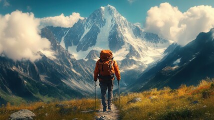 Fototapeta premium Hiker walking to mountains