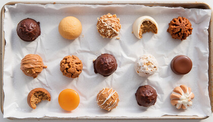 Assorted chocolate and cookie truffles on parchment paper