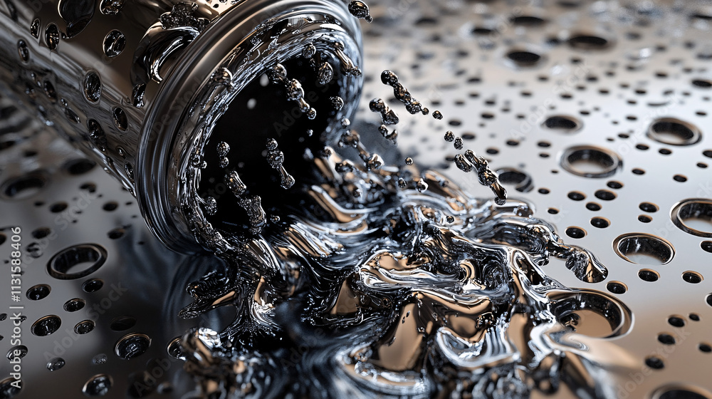 Poster a futuristic robotic bucket, overflowing with liquid metal that forms intricate shapes and patterns 