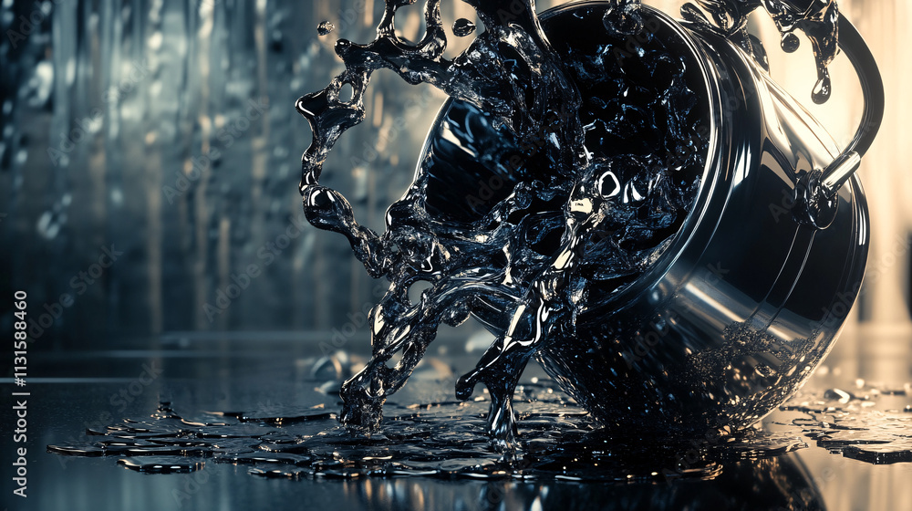 Aufkleber a futuristic robotic bucket, overflowing with liquid metal that forms intricate shapes and patterns 