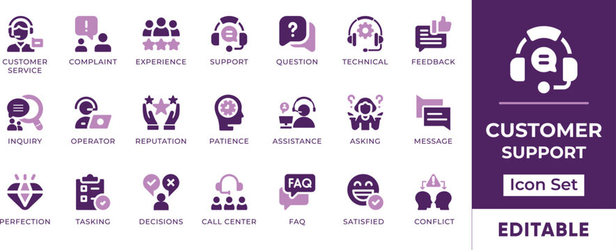 Customer Support Icon Set. Features editable icons for customer service symbols, support, help, assistance, inquiry, feedback, and more. Perfect for websites, apps, and digital projects.