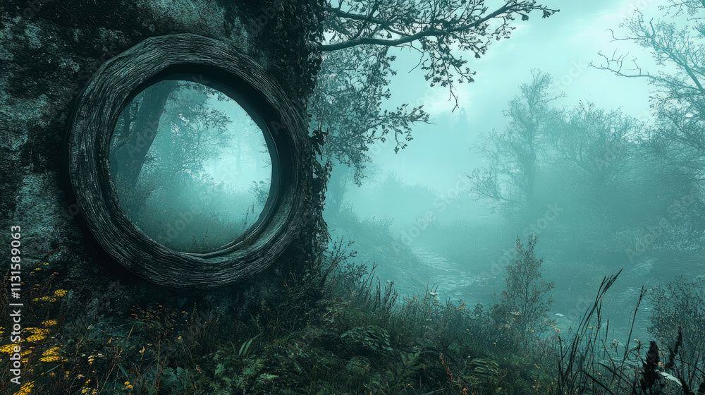 Poster a circular opening in a tree stands in a dense, fog-laden forest, revealing a tranquil view of a mis
