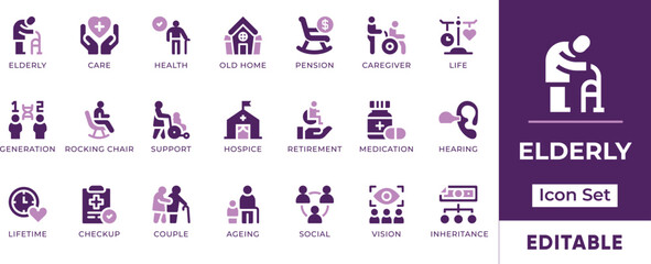 Elderly Icon Set. Features editable icons for ageing, caregiver, elderly, generation, hearing, loss, pension, retirement, senior, and support. Perfect for social services.