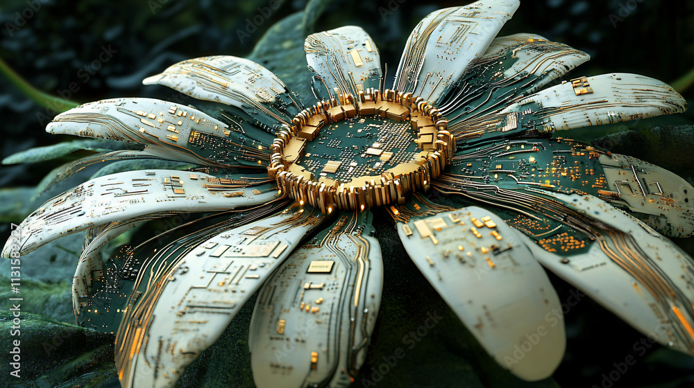 Poster a giant daisy with computer circuits and microchips sprouting from its petals, symbolizing the fusio
