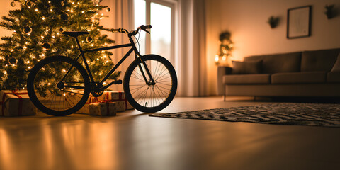 Gift bike leaning against a decorated Christmas tree with wrapped gifts underneath, creating a cozy and festive atmosphere in a bright living room. The concept of a gift under the Christmas tree.