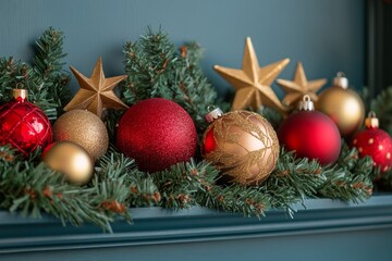 Holiday decorations with red and gold ornaments surrounded by greenery and stars