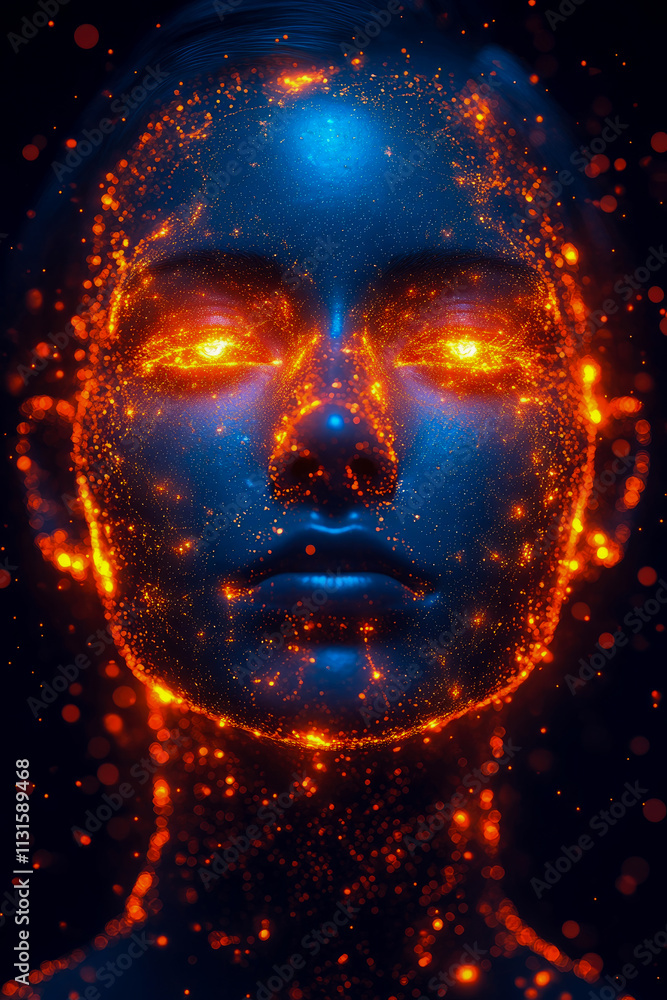 Poster a striking digital creation showcases a face illuminated with fiery sparkles against a dark backdrop