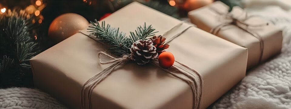 Eco-friendly Christmas gift box decorated with a sprig of pine and red berries, on a beige background with other Christmas decorations.