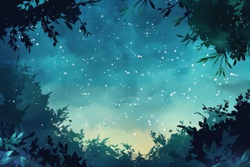 Silhouetted Trees Against a Dusty Blue Sky with White Specks