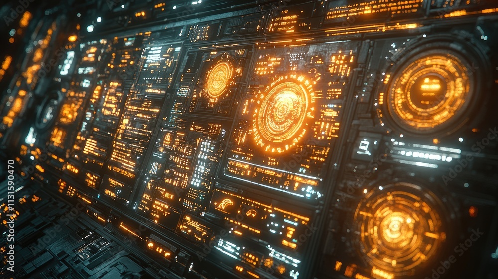Poster a complex control panel features glowing orange and blue elements, showcasing advanced technology an