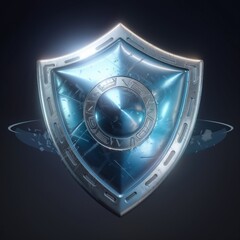 Fototapeta premium A sleek, modern shield with a glowing blue center, surrounded by intricate engravings and a circular emblem, reflecting a high tech sci fi theme.
